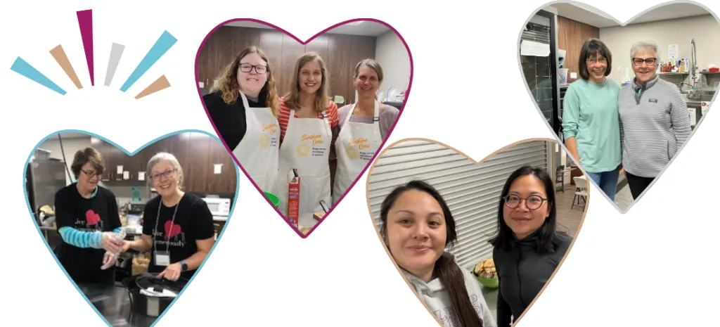 four heart shaped images featuring different volunteers and staff