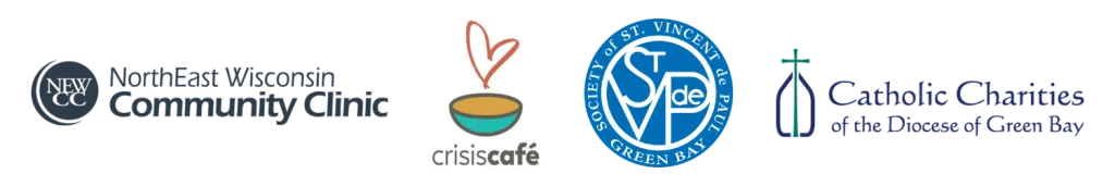 NorthEast Wisconsin Community Clinic logo, Crisiscafe logo, Society of St. Vincent de Paul logo, Catholic Charities of the Docese of Green Bay logo