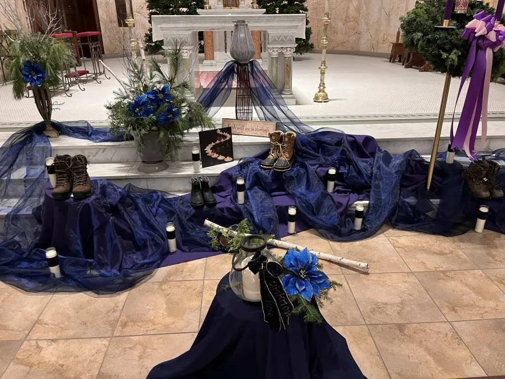 church pulpit steps with memorial decorations